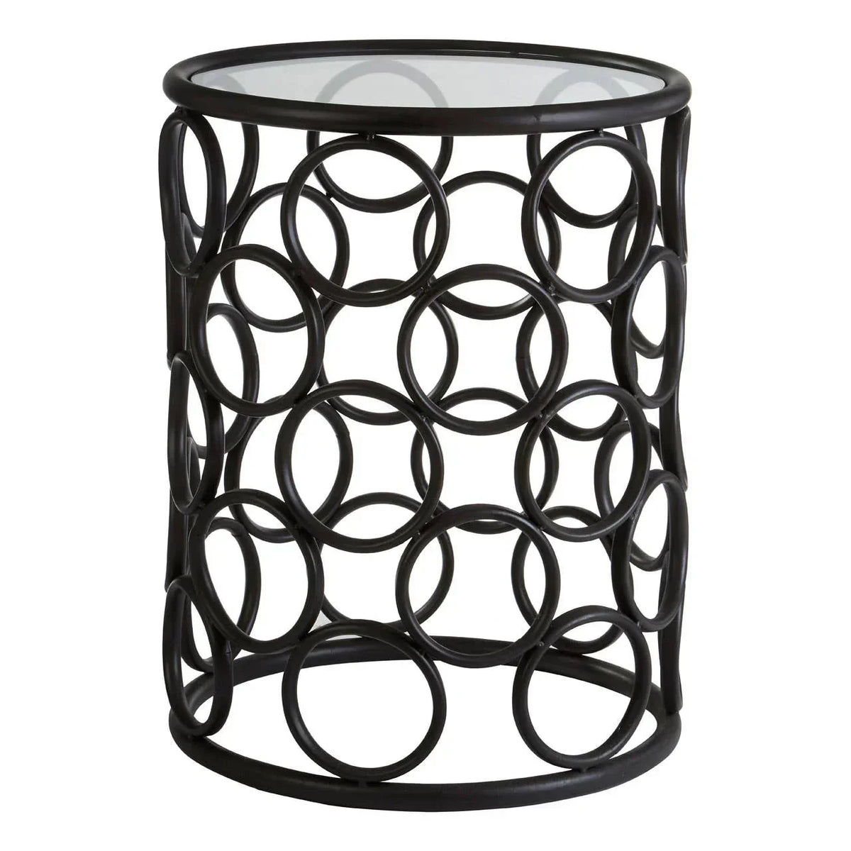 Round metal side table with geometric circular frame and glass top