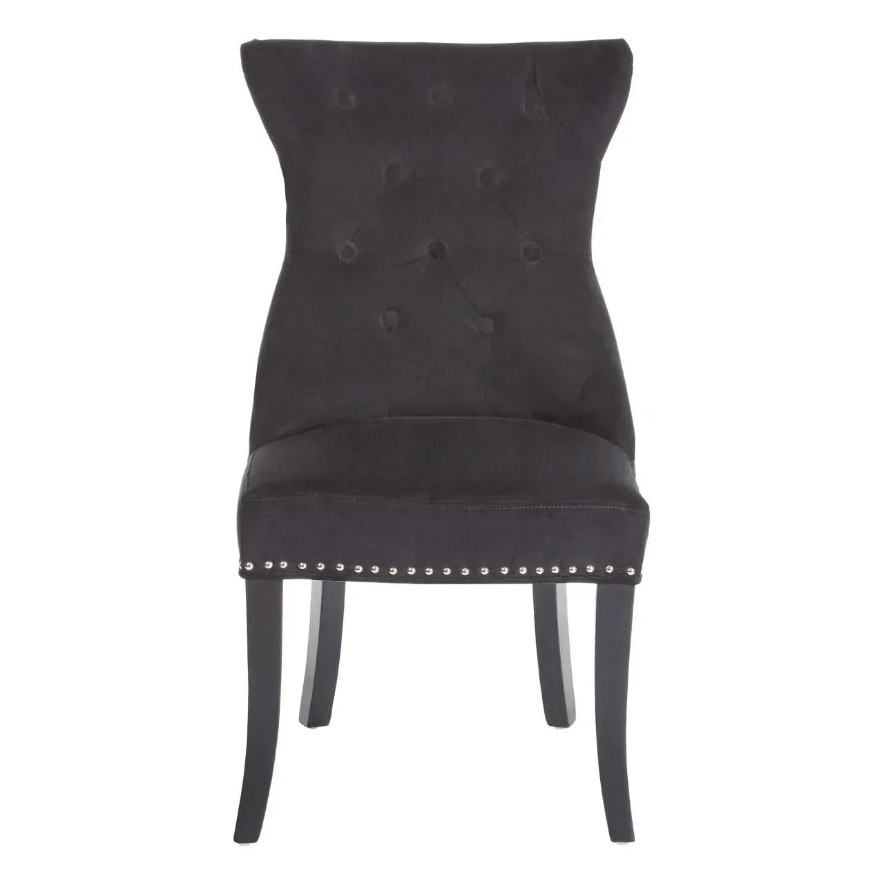 Black fabric dining chair with button tufted back and silver stud detailing, front view
