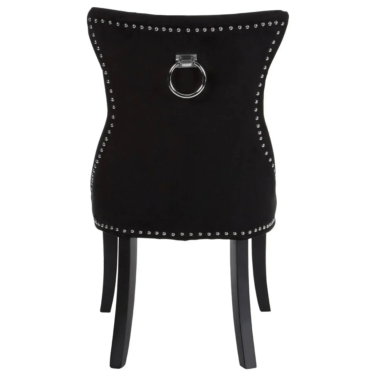 Black velvet dining chair with silver studding and ring handle, rear view