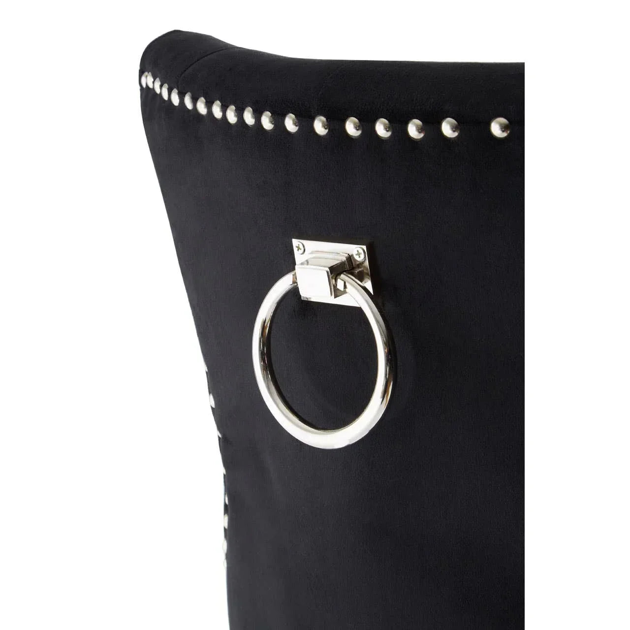 Black dining chair backrest with chrome ring handle and silver stud detailing