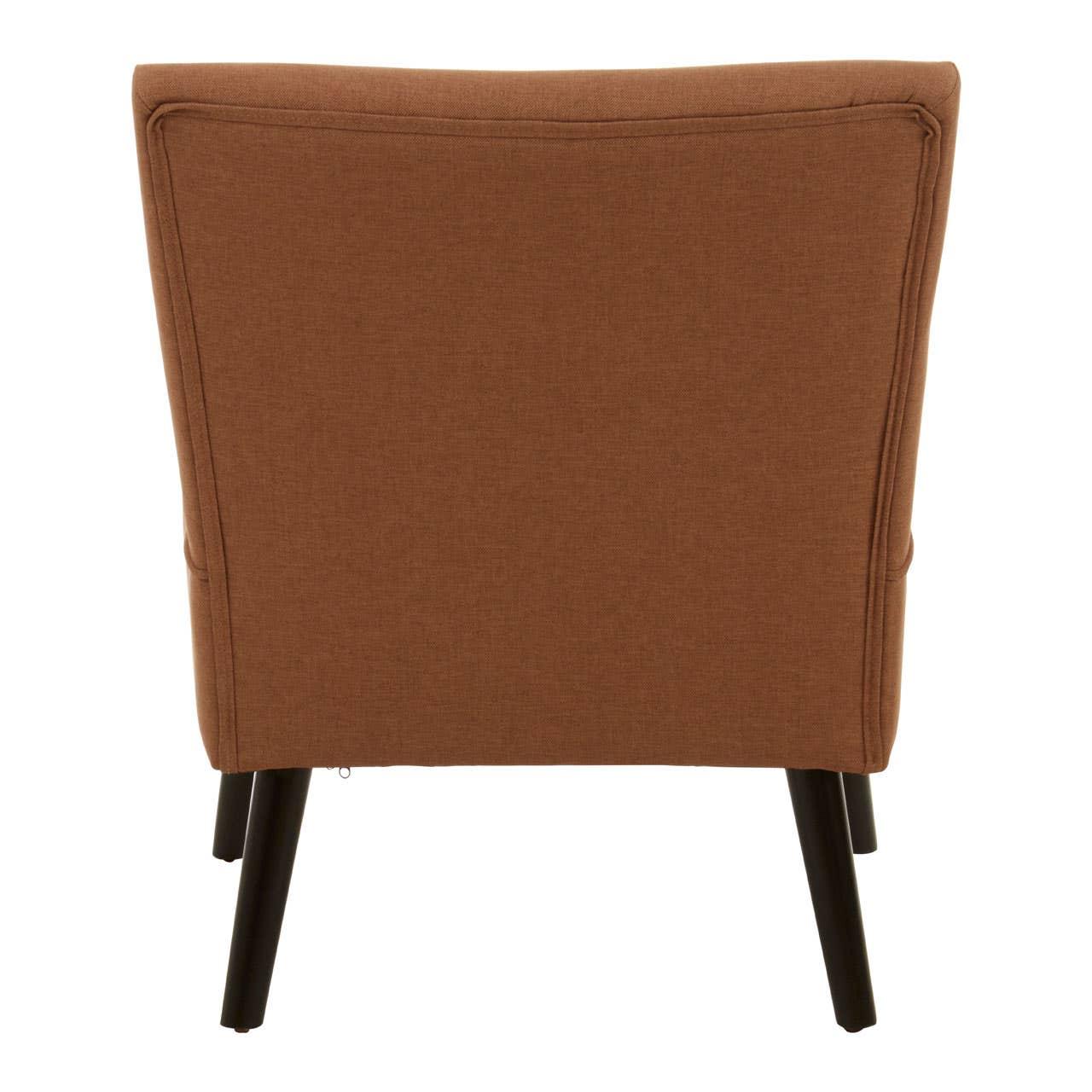 Brown fabric armchair rear view with black legs and piped seam detailing