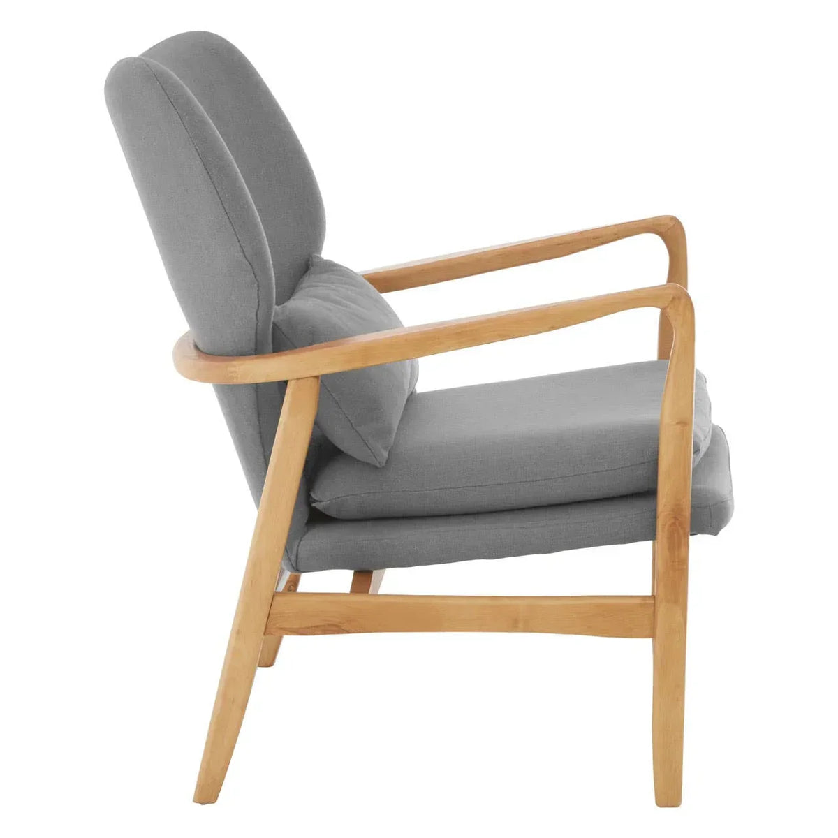 Grey upholstered armchair with natural wood frame, side view