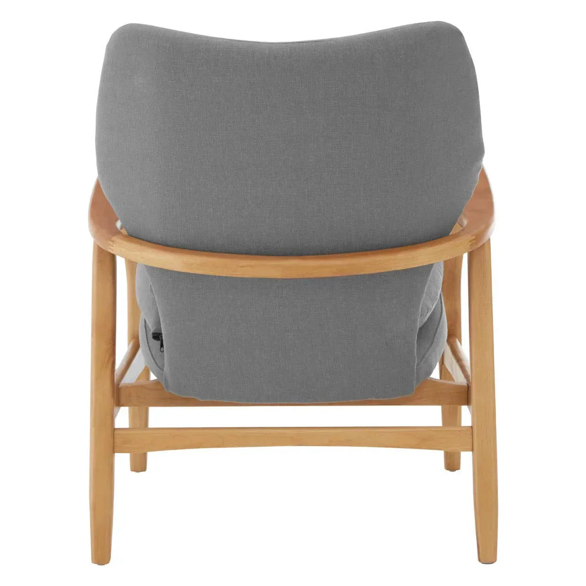 Rear view of grey upholstered armchair with light wood frame