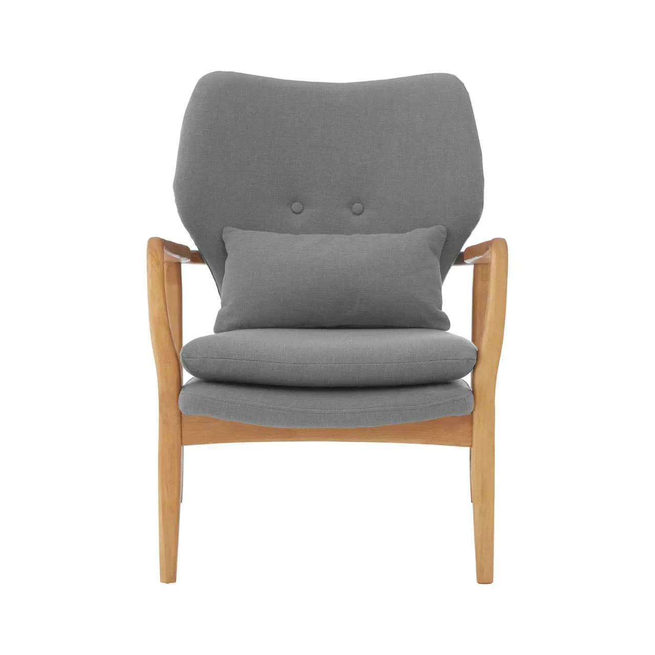 Grey fabric armchair with wooden frame and seat cushion, front view