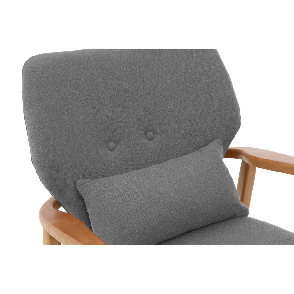 Grey fabric armchair with wooden armrests and matching pillow, close-up on backrest