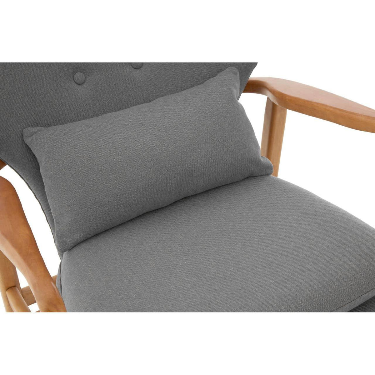 Grey cushioned armchair with wooden frame and matching lumbar support pillow