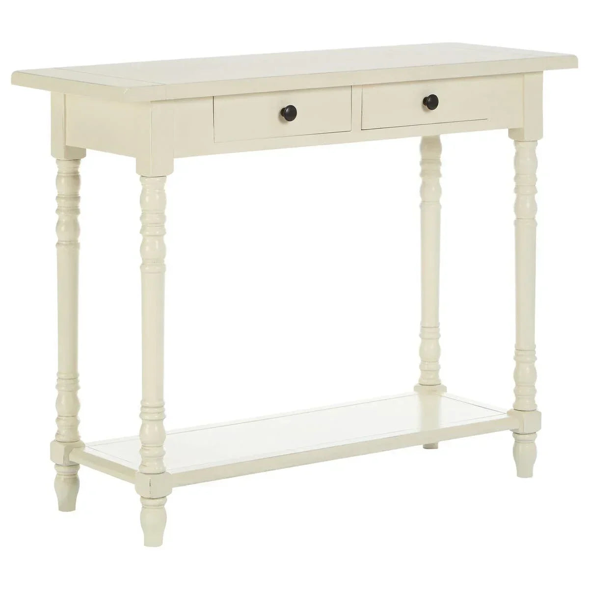 Cream hallway console table with two drawers and turned legs