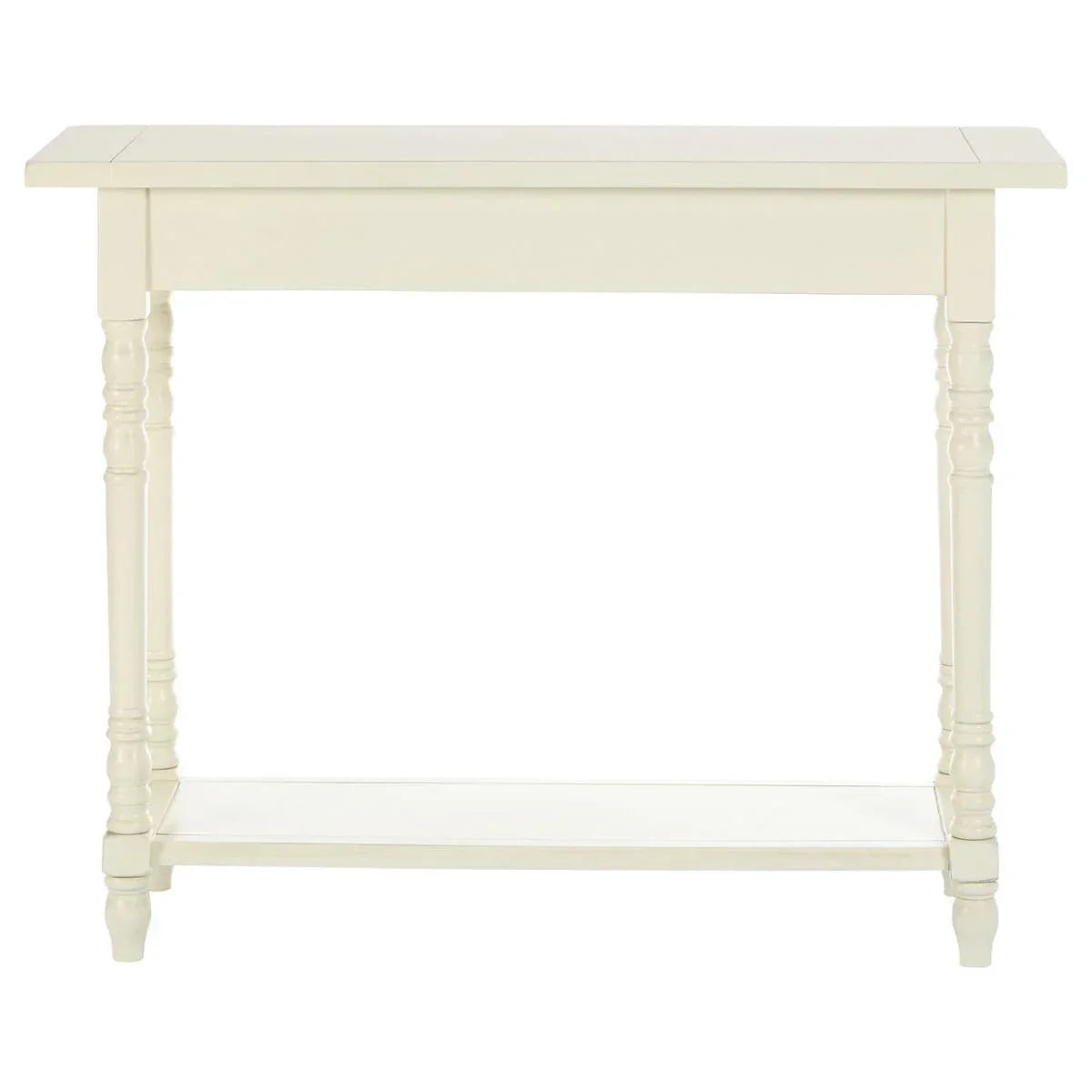 Cream console table with turned legs and lower shelf, front view