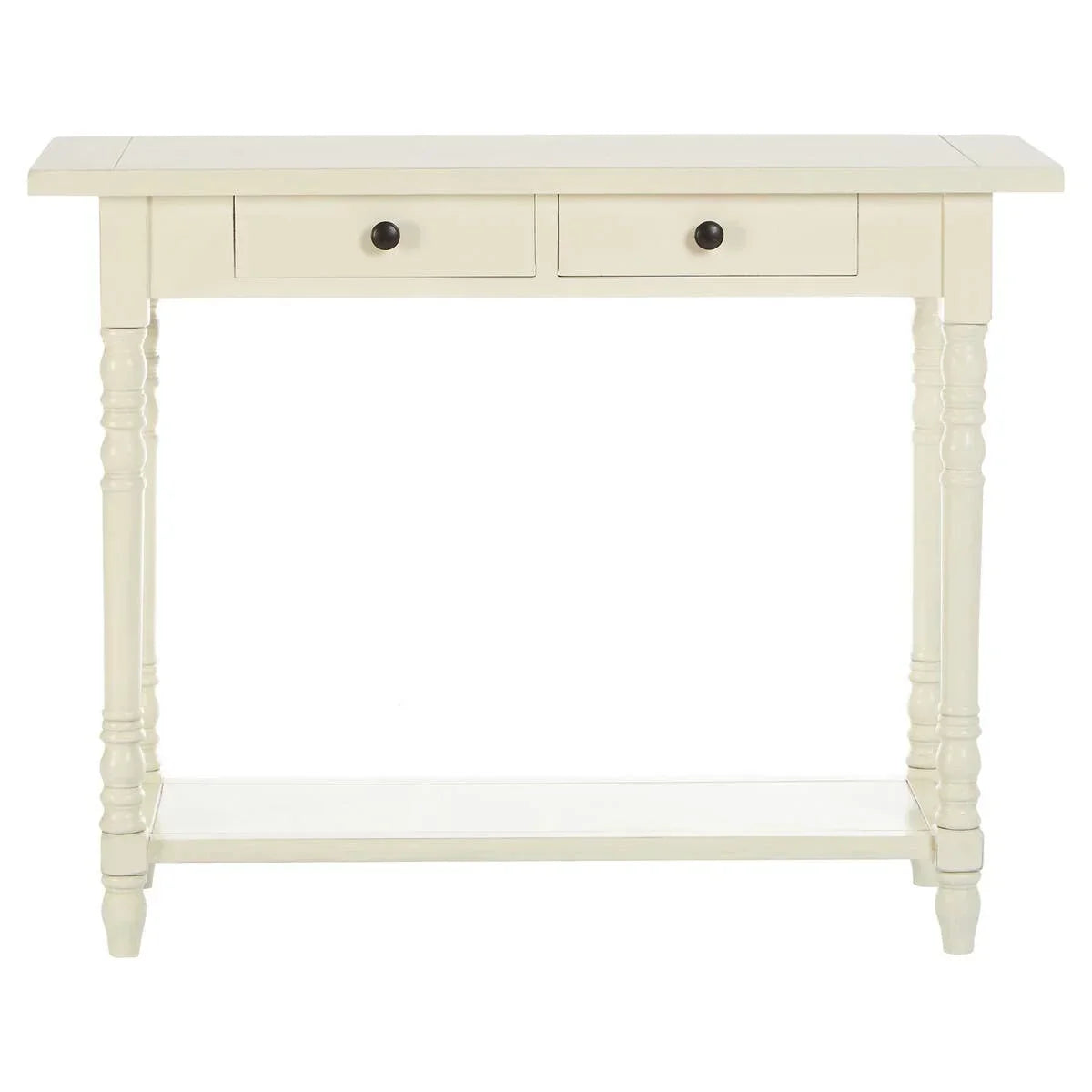 Cream console table with two drawers, lower shelf and turned wooden legs, front view