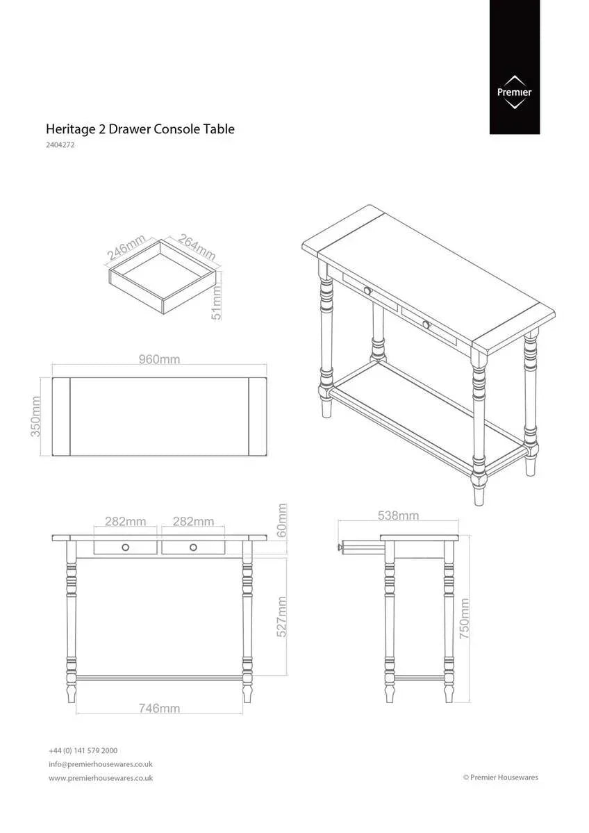 Heritage 2 drawer console table technical drawing with measurements and drawer dimensions