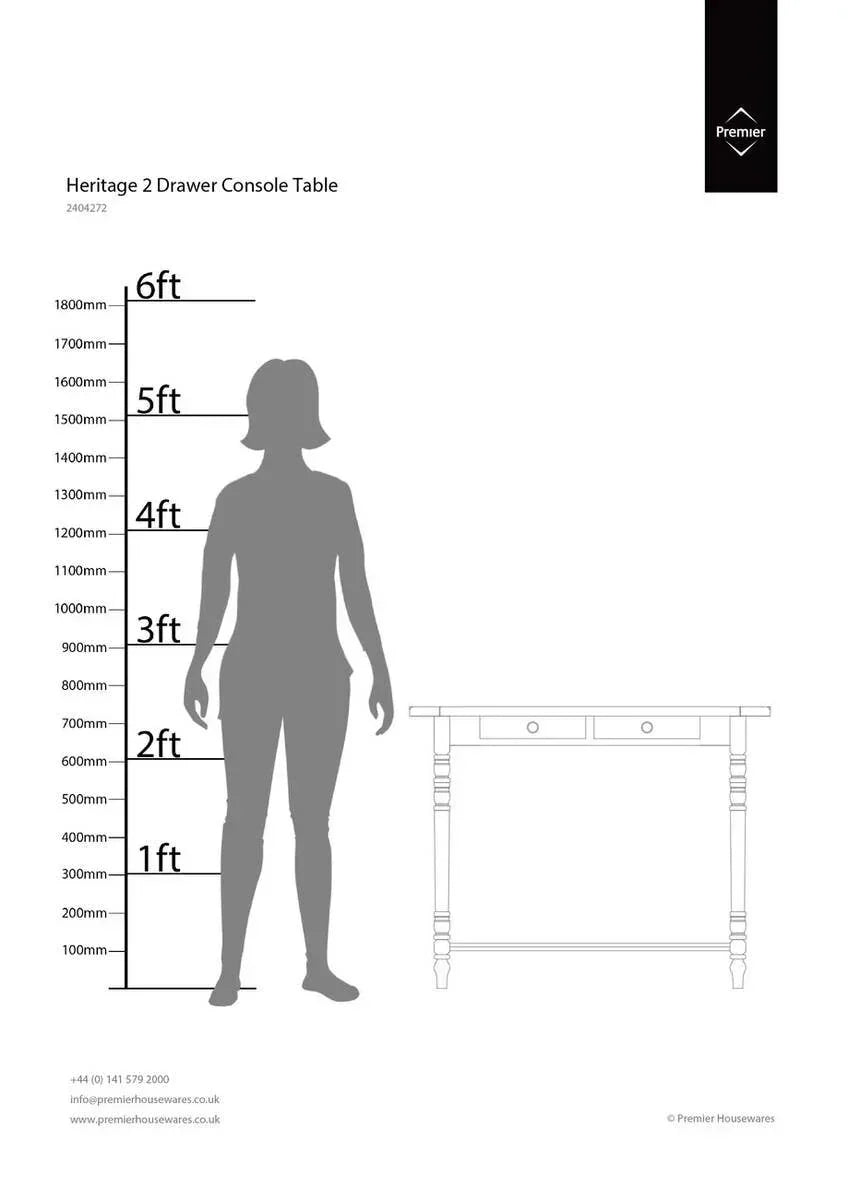Heritage 2 drawer console table size guide next to human silhouette for scale