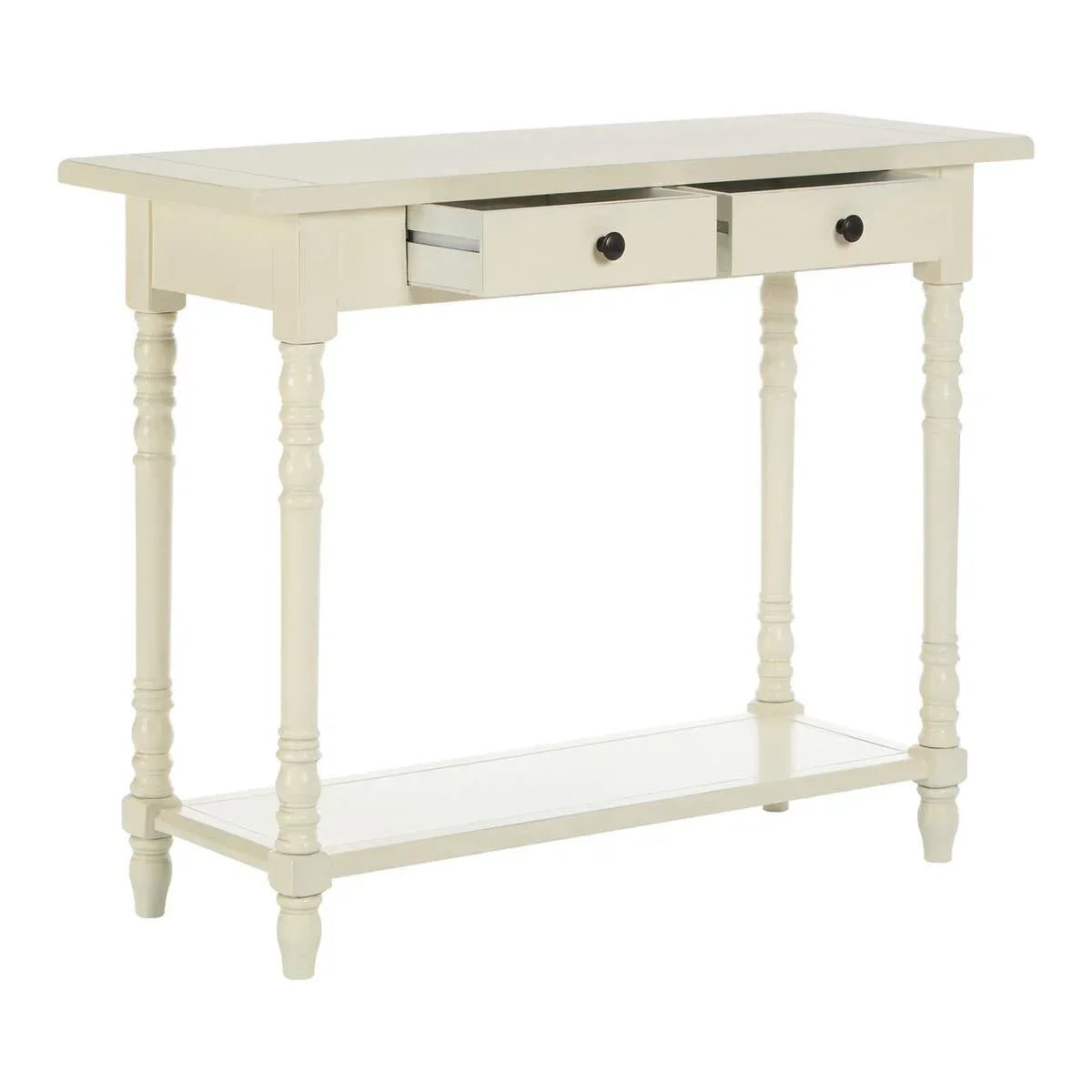 Cream console table with two drawers, bottom shelf and turned wooden legs