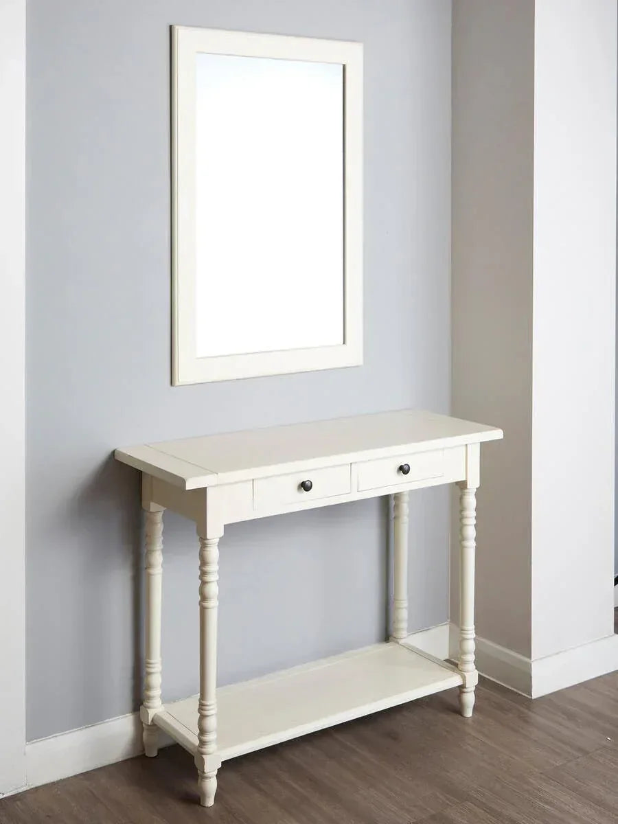 White hallway console table with drawers and shelf, paired with matching rectangular wall mirror
