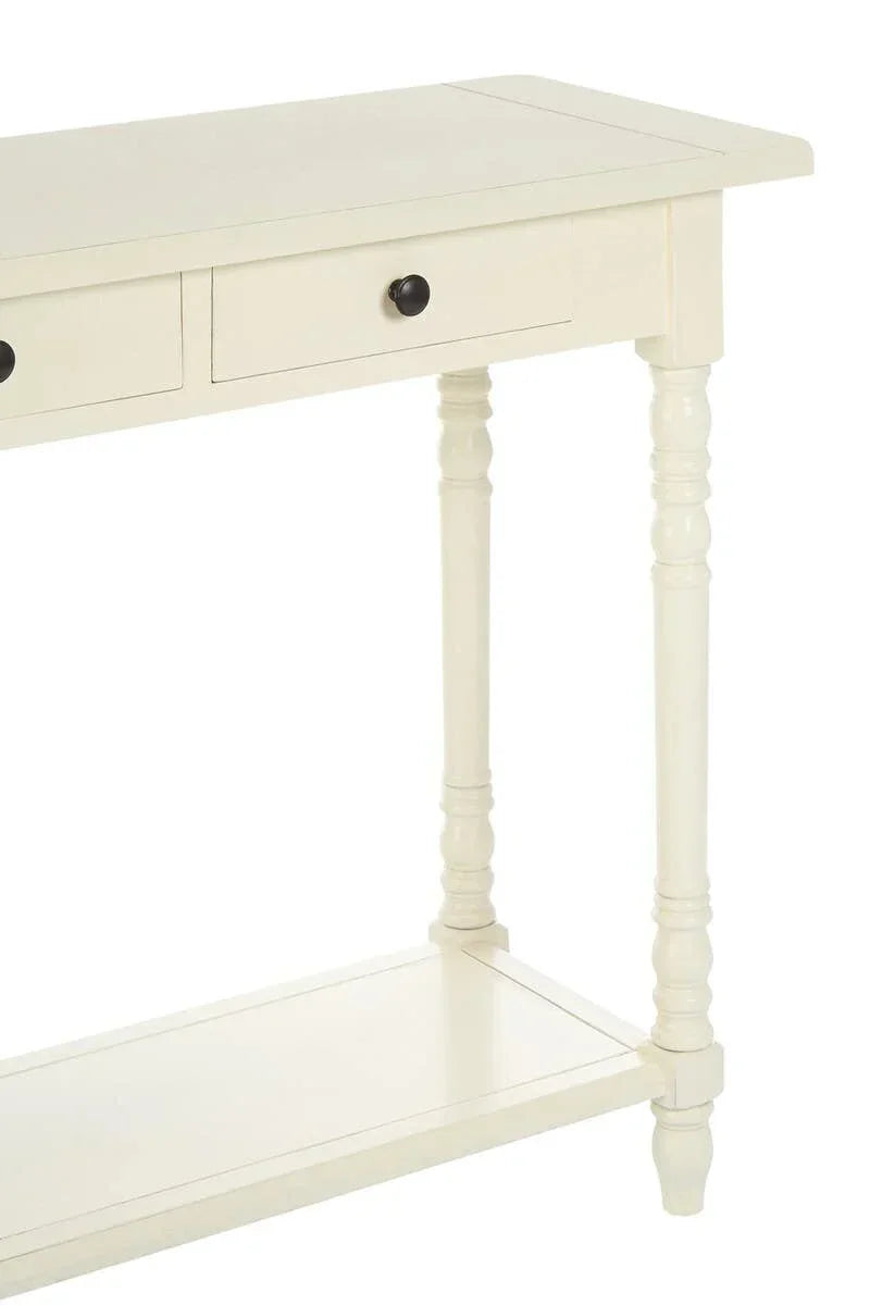 Cream console table with two drawers, black knobs, turned wooden legs and lower shelf