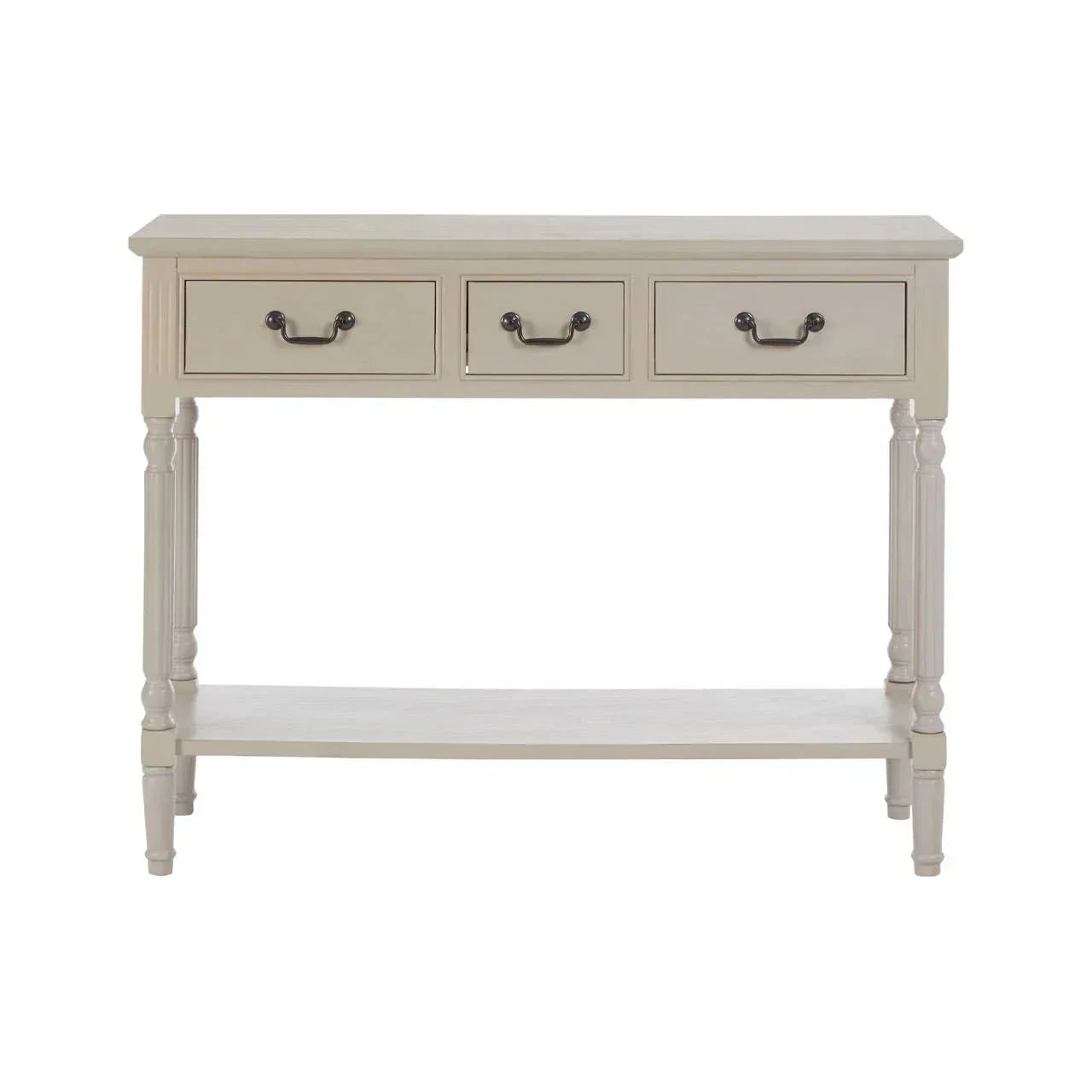 Cream console table with three drawers, lower shelf and turned legs, front view