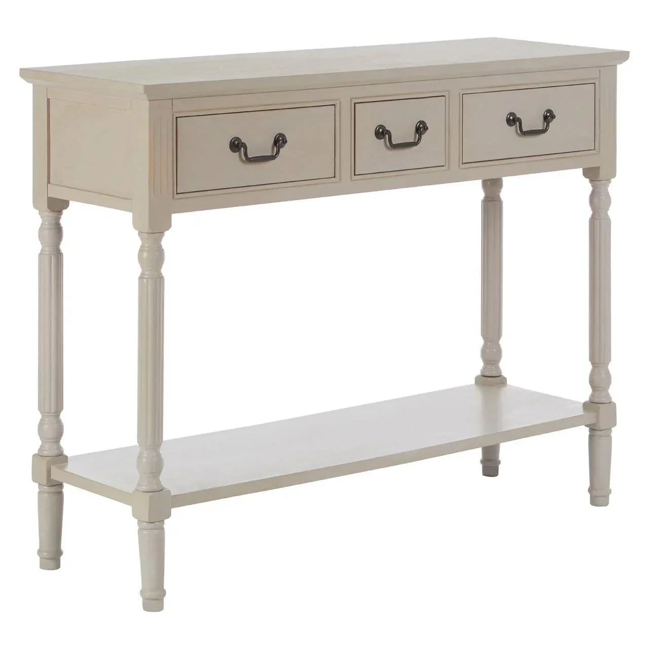 Cream console table with three drawers, lower shelf, and turned legs
