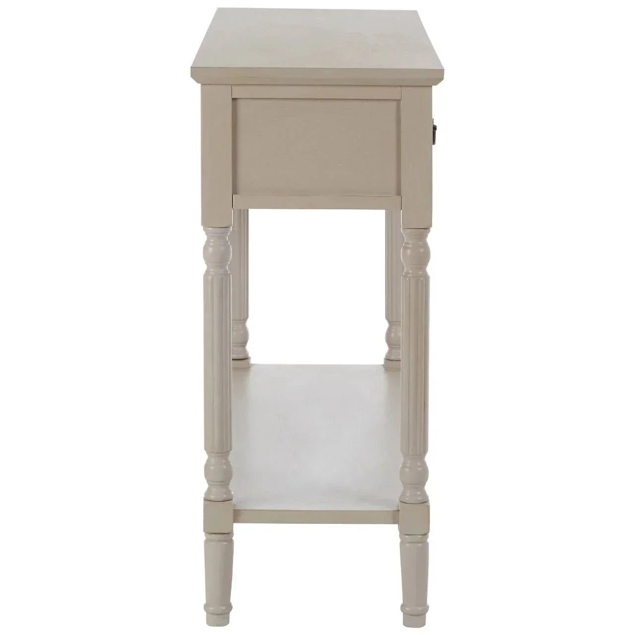 Beige wooden side table with carved legs and lower shelf, shown from the narrow end