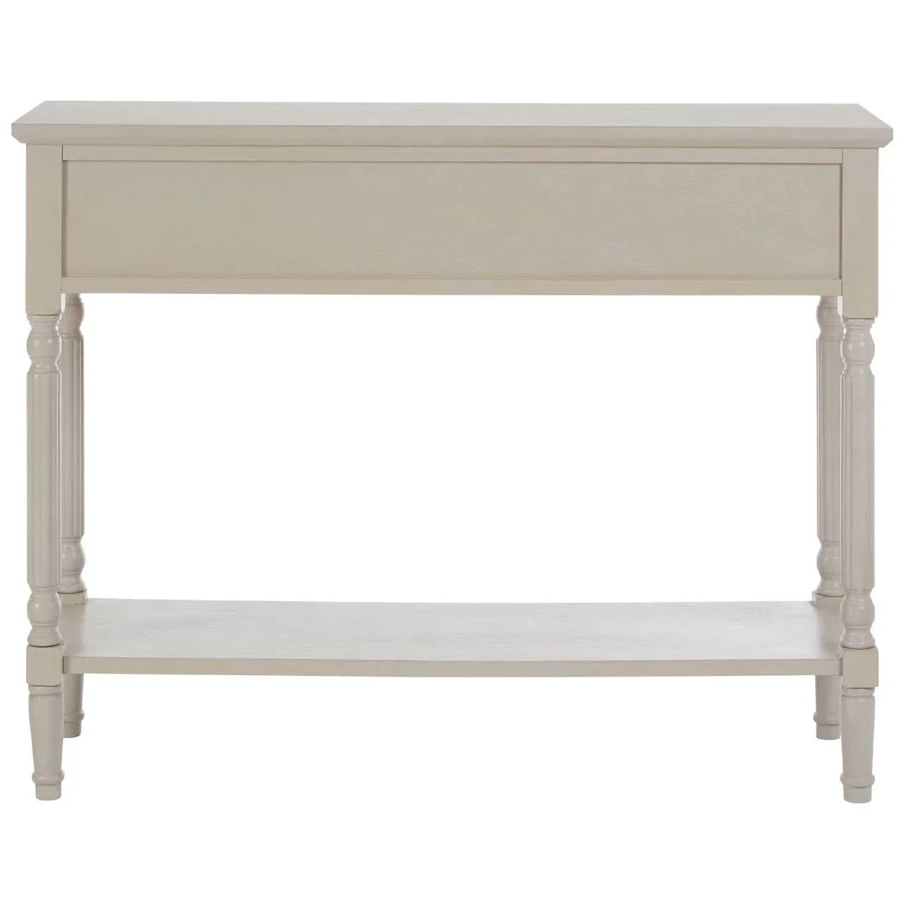 Beige wooden console table with lower shelf and turned legs, front view