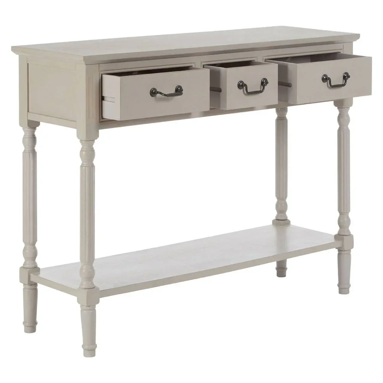 Light wood console table with turned legs, three open drawers, and lower storage shelf