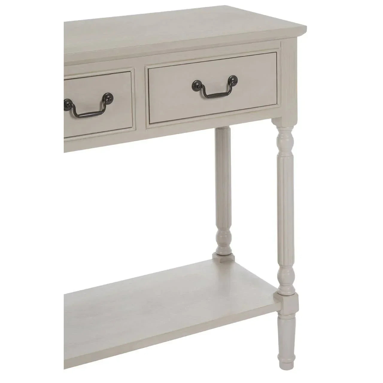 Light wood console table with two drawers, lower shelf, and turned legs