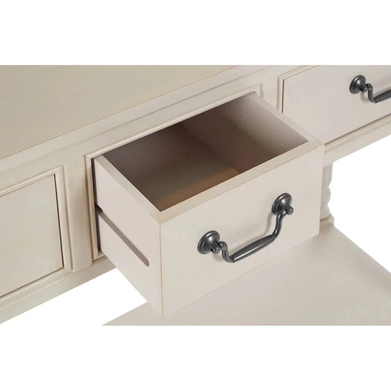 Cream wood console table with open drawer and metal handle