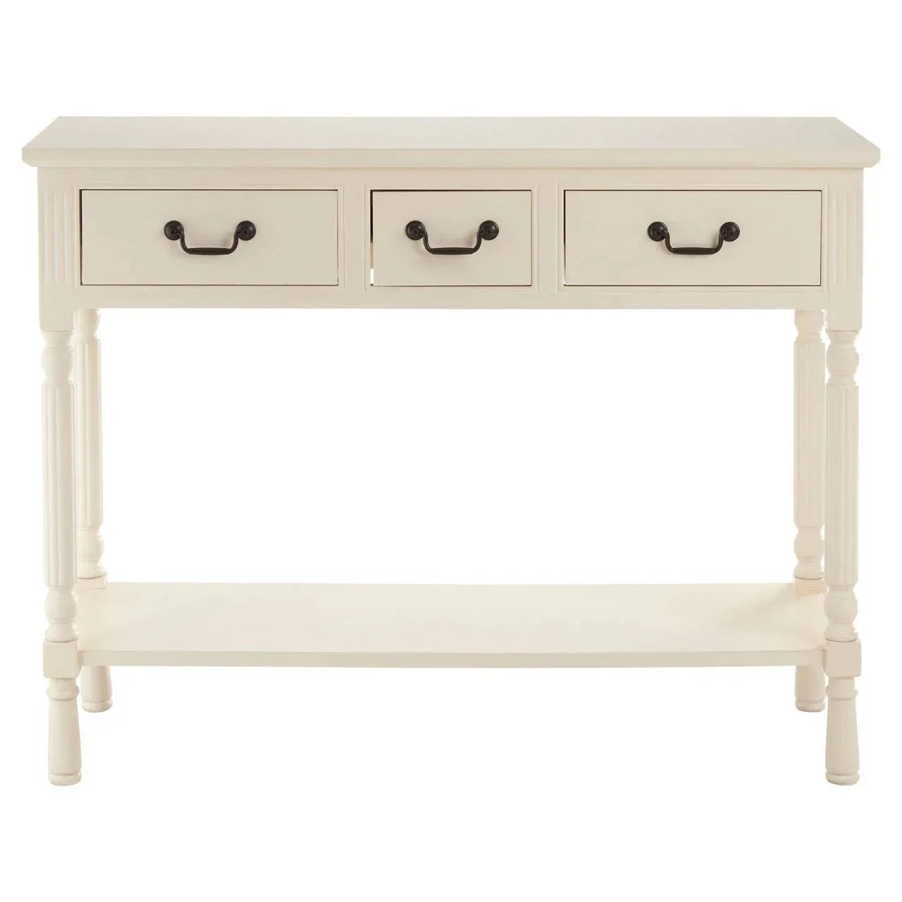 Cream wood console table with three drawers, turned legs and lower shelf for storage