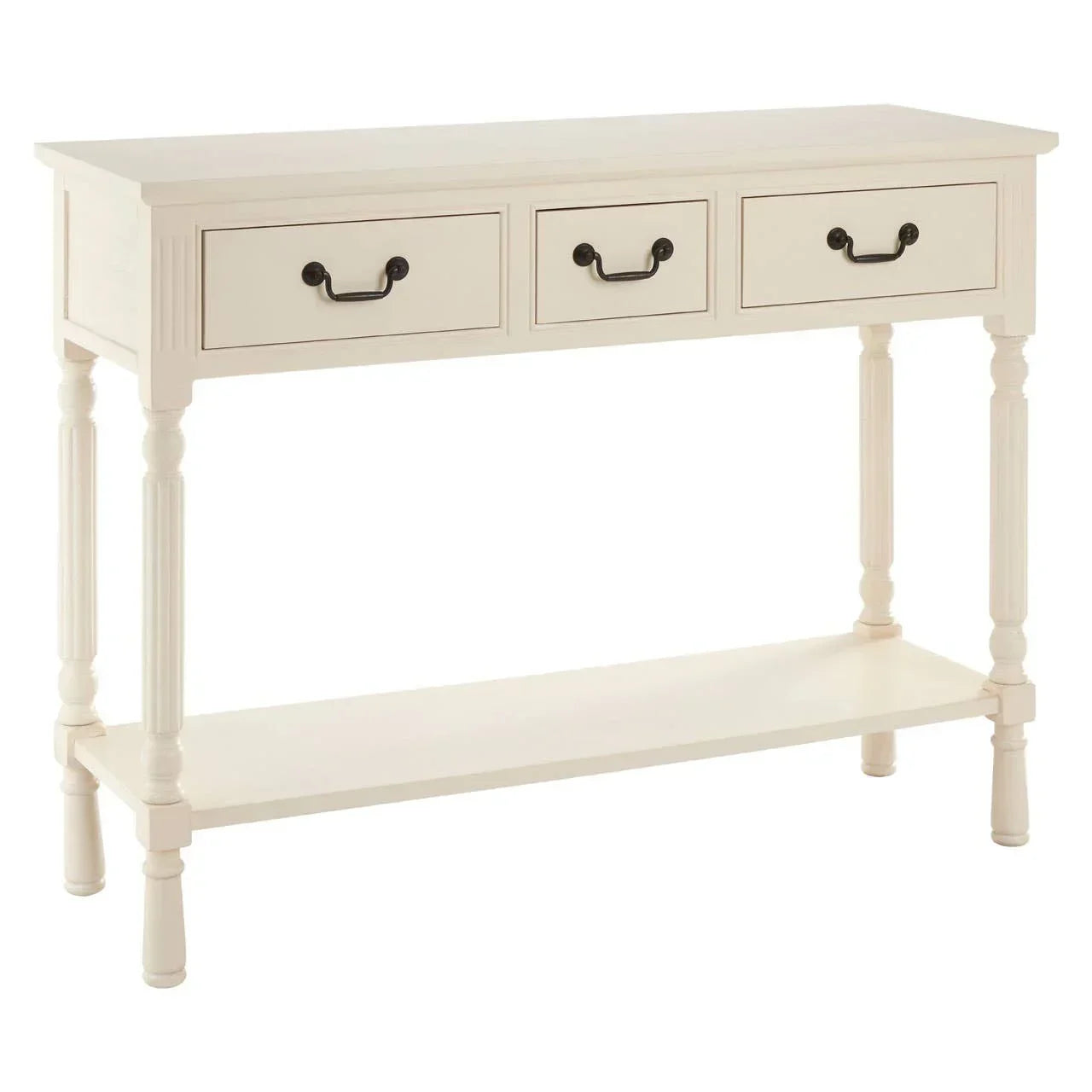 Cream console table with three drawers, shelf, and turned wooden legs
