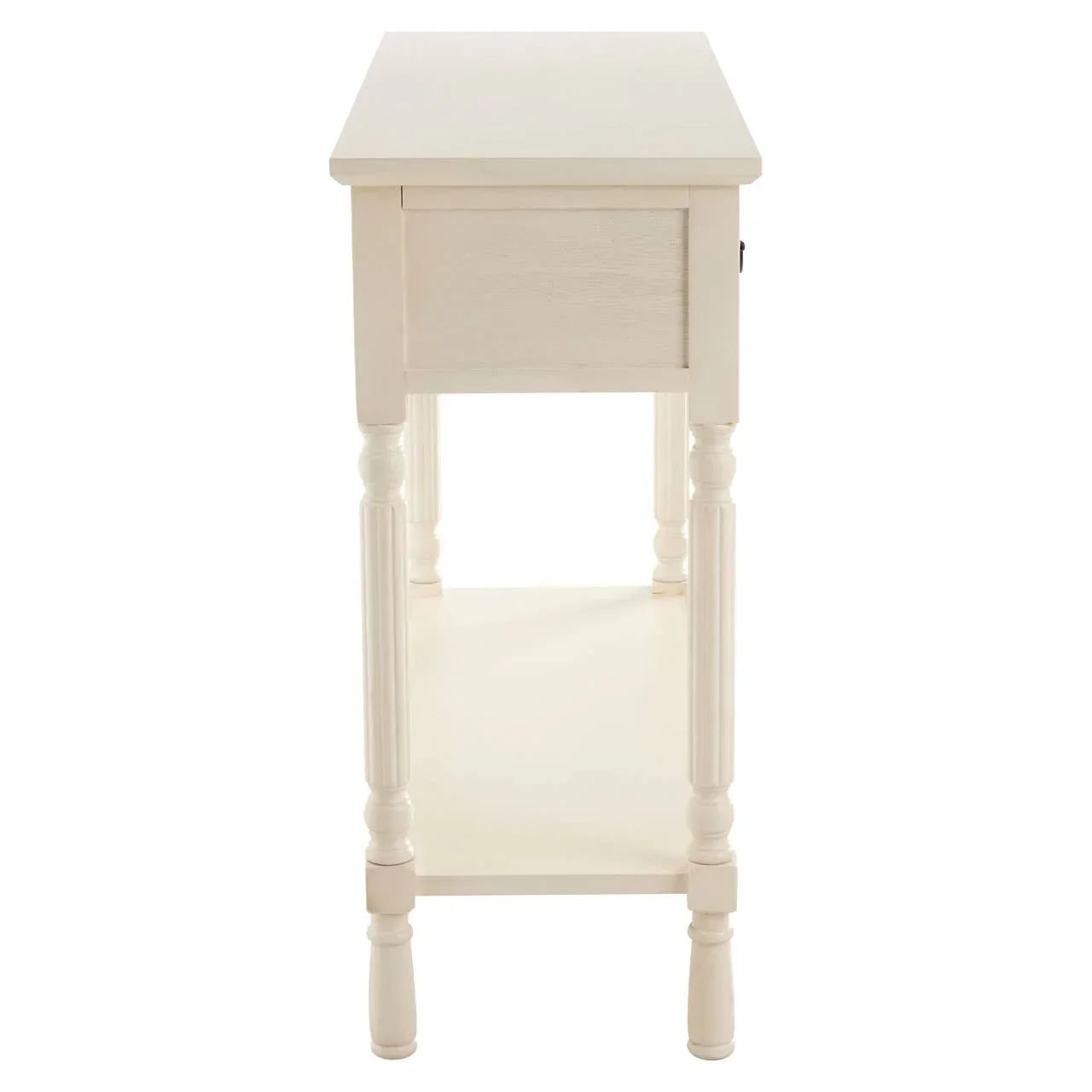 White wooden side table with turned legs and lower shelf, viewed from the side