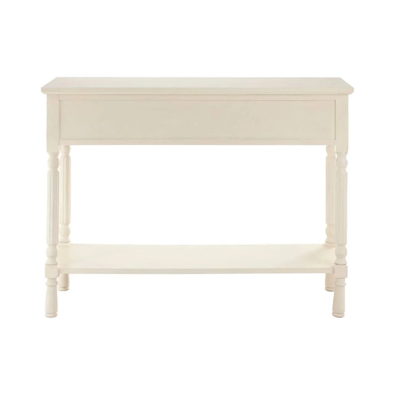 Cream console table with lower shelf and turned wooden legs, front facing view