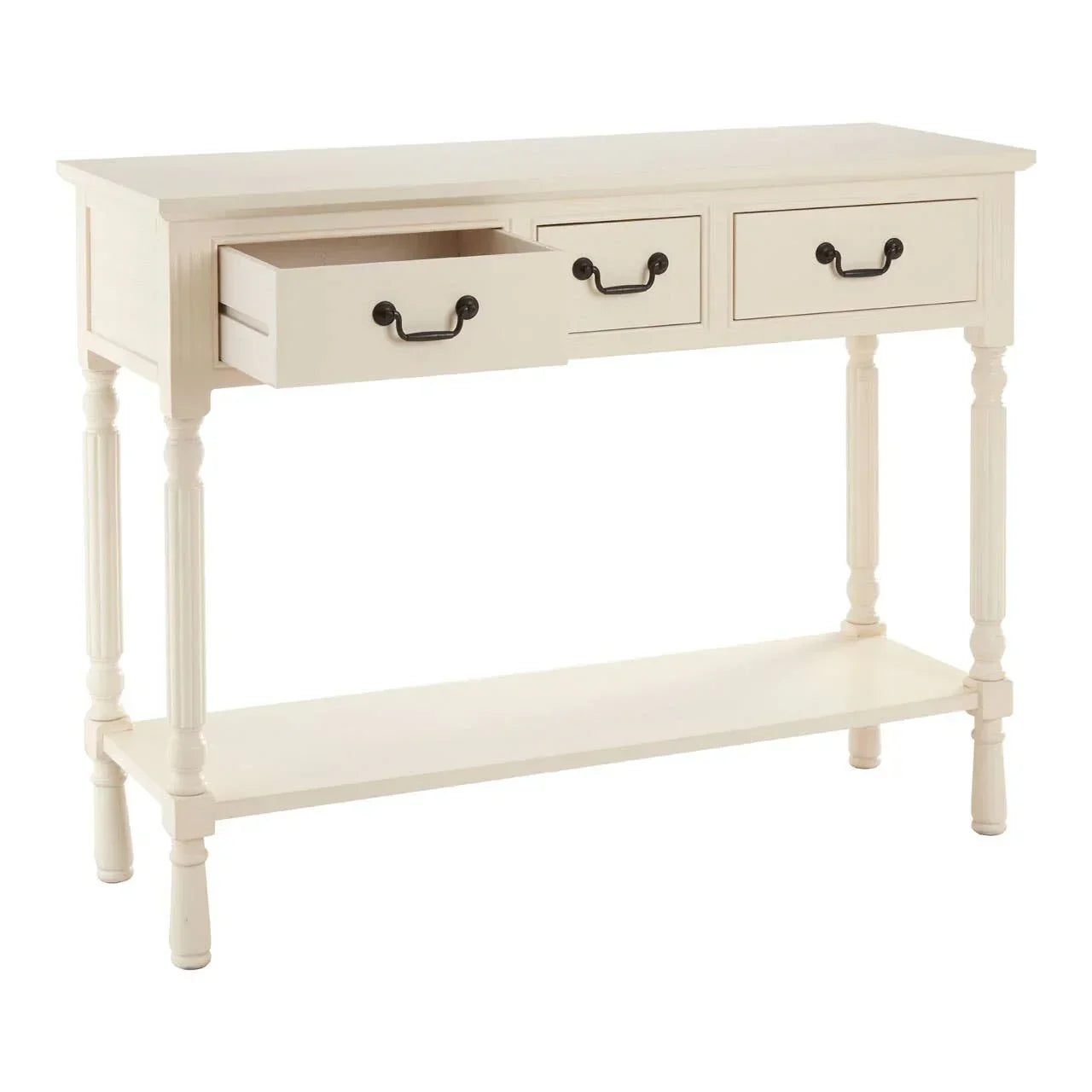 Cream console table with three drawers, lower shelf, and turned wooden legs