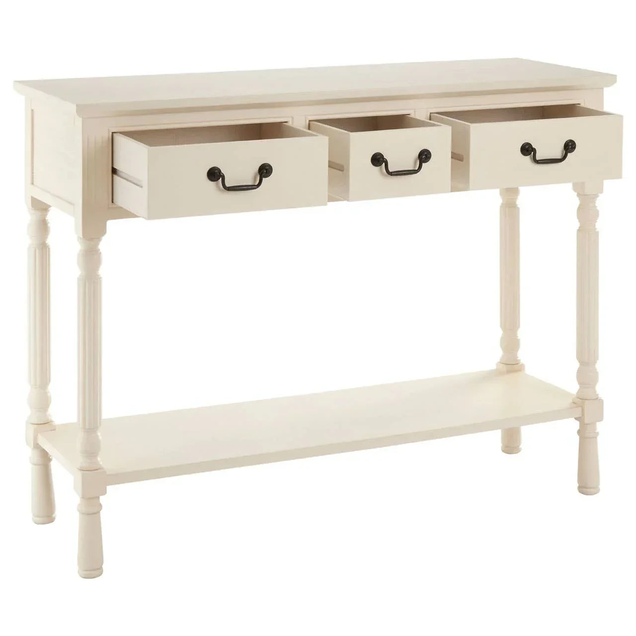 Cream console table with three open drawers, lower shelf, and turned wooden legs