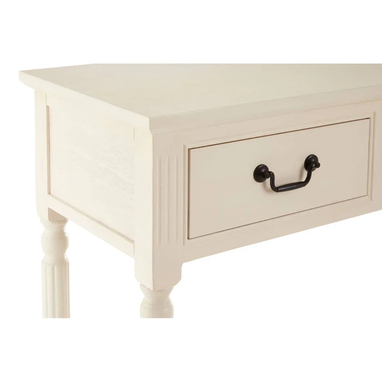 Cream wood console table with black metal handle and carved legs