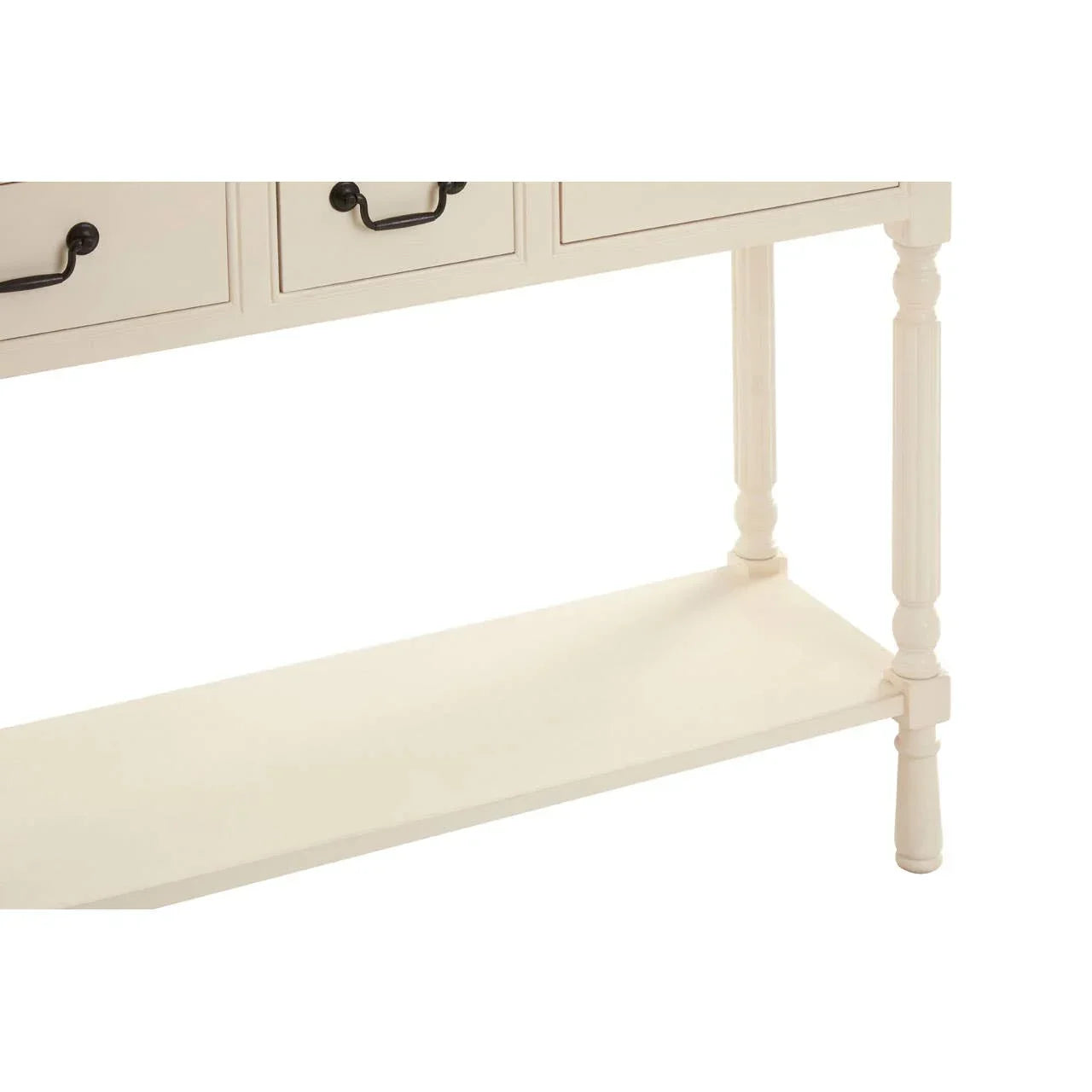 Cream console table with turned legs, black metal handles, and lower storage shelf detail