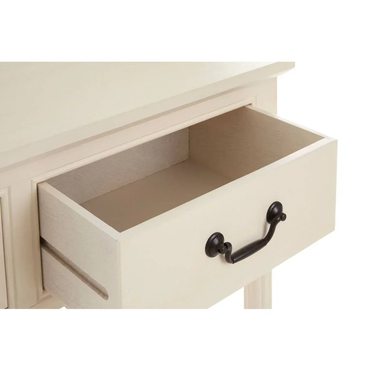 Cream wood console table with open drawer and black metal handle