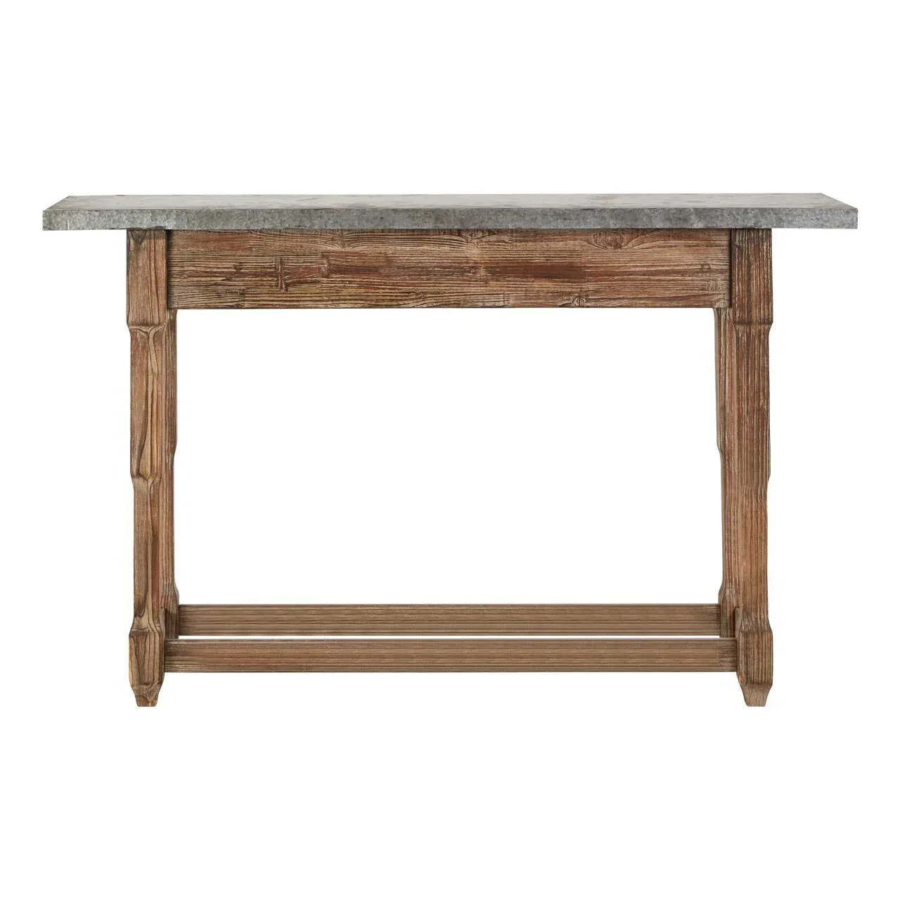 Rustic wooden console table with grey stone top and two lower slats, front view