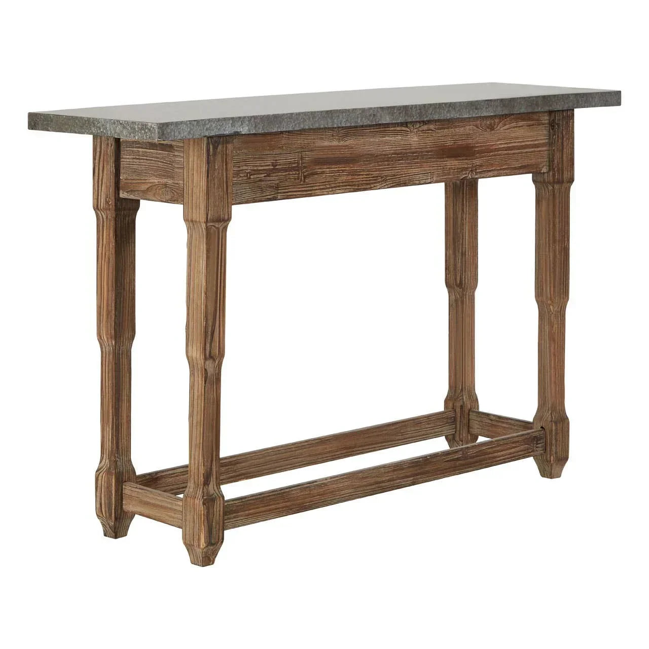 Rustic console table with natural wood frame and grey stone top, side angle view