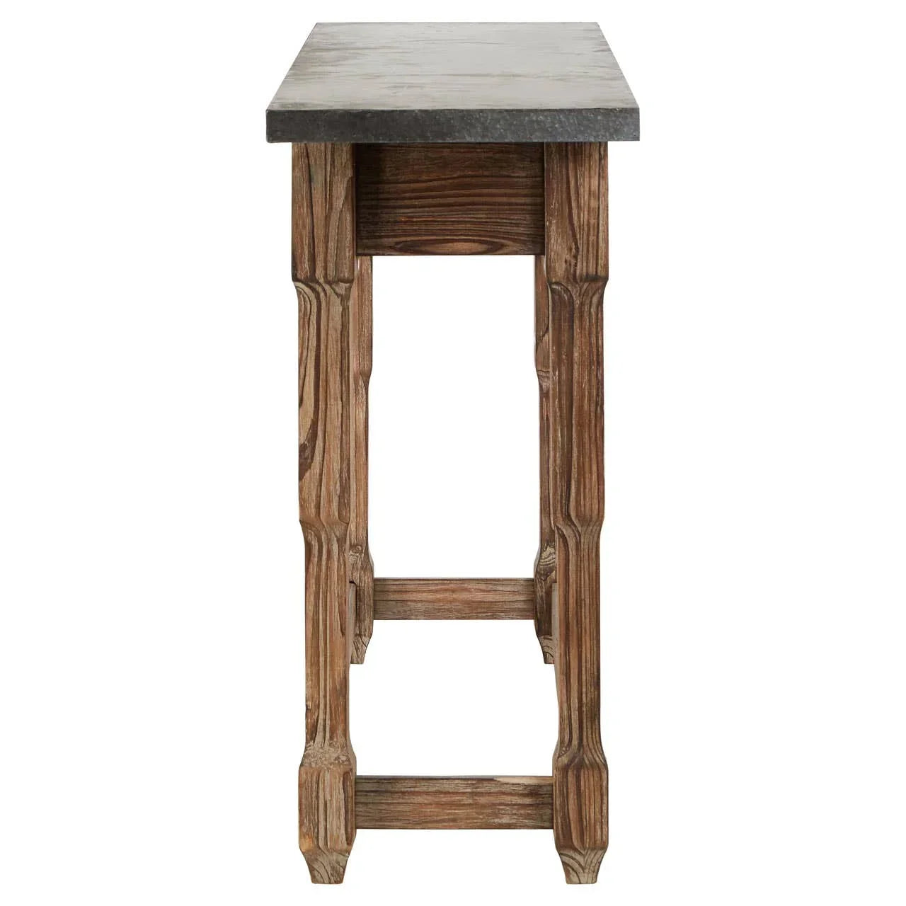 Narrow console table with dark stone top and carved wood legs, side profile view