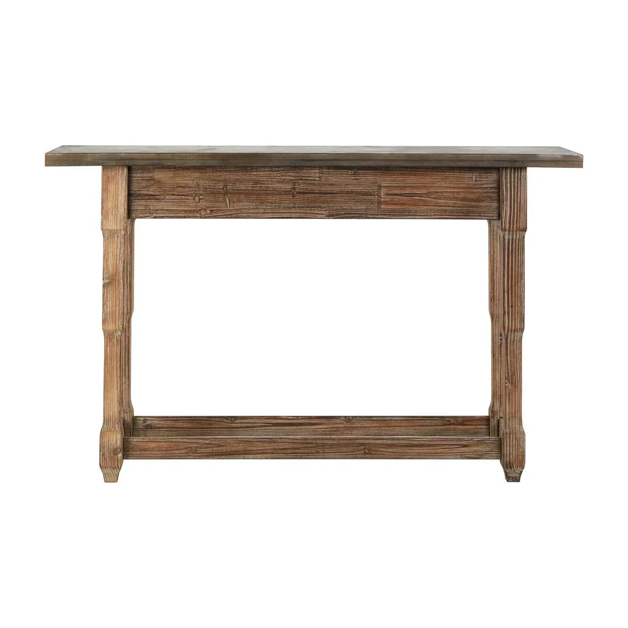 Rustic wooden console table with rectangular top and carved legs, front view