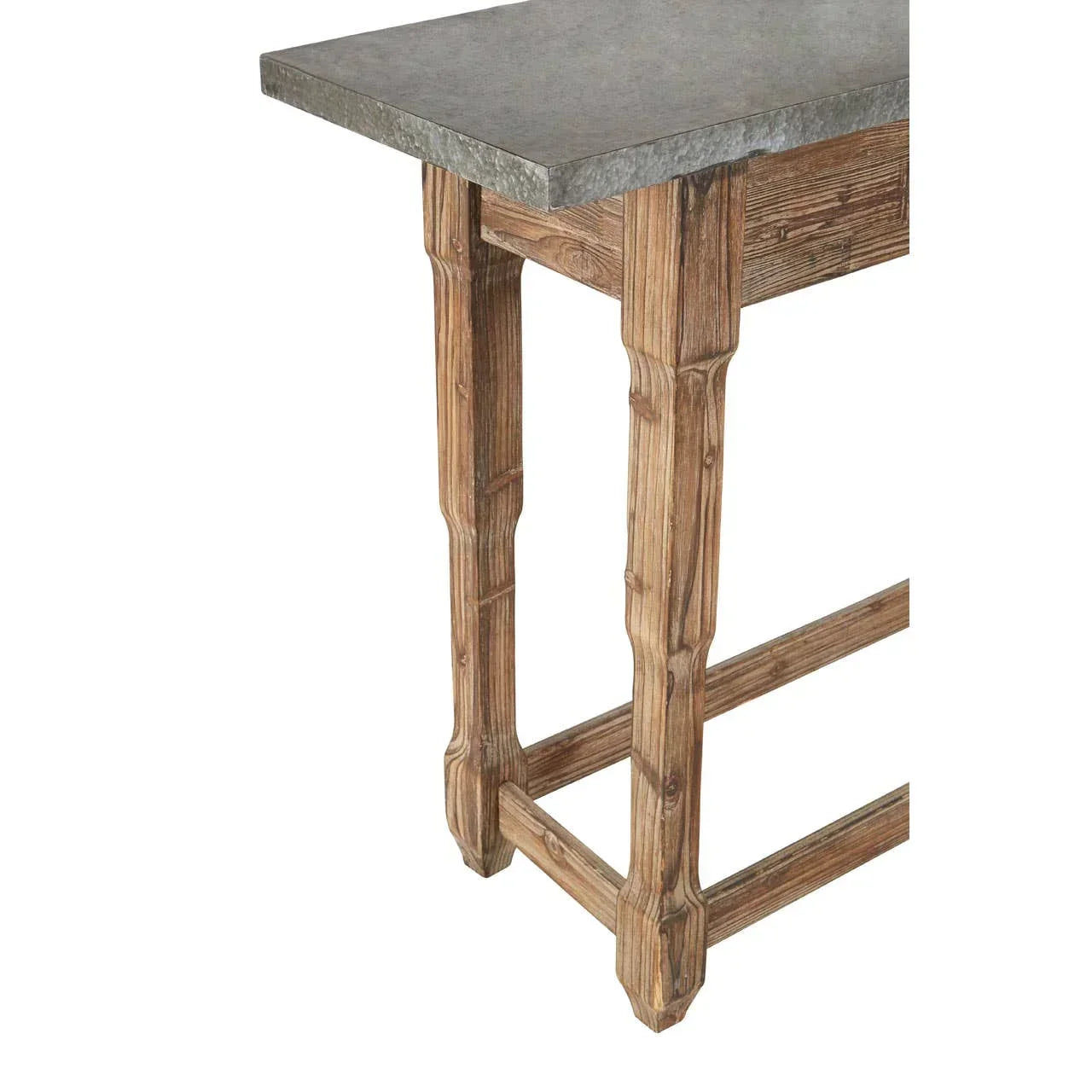 Rustic wooden console table with grey stone top, close-up of legs and corner