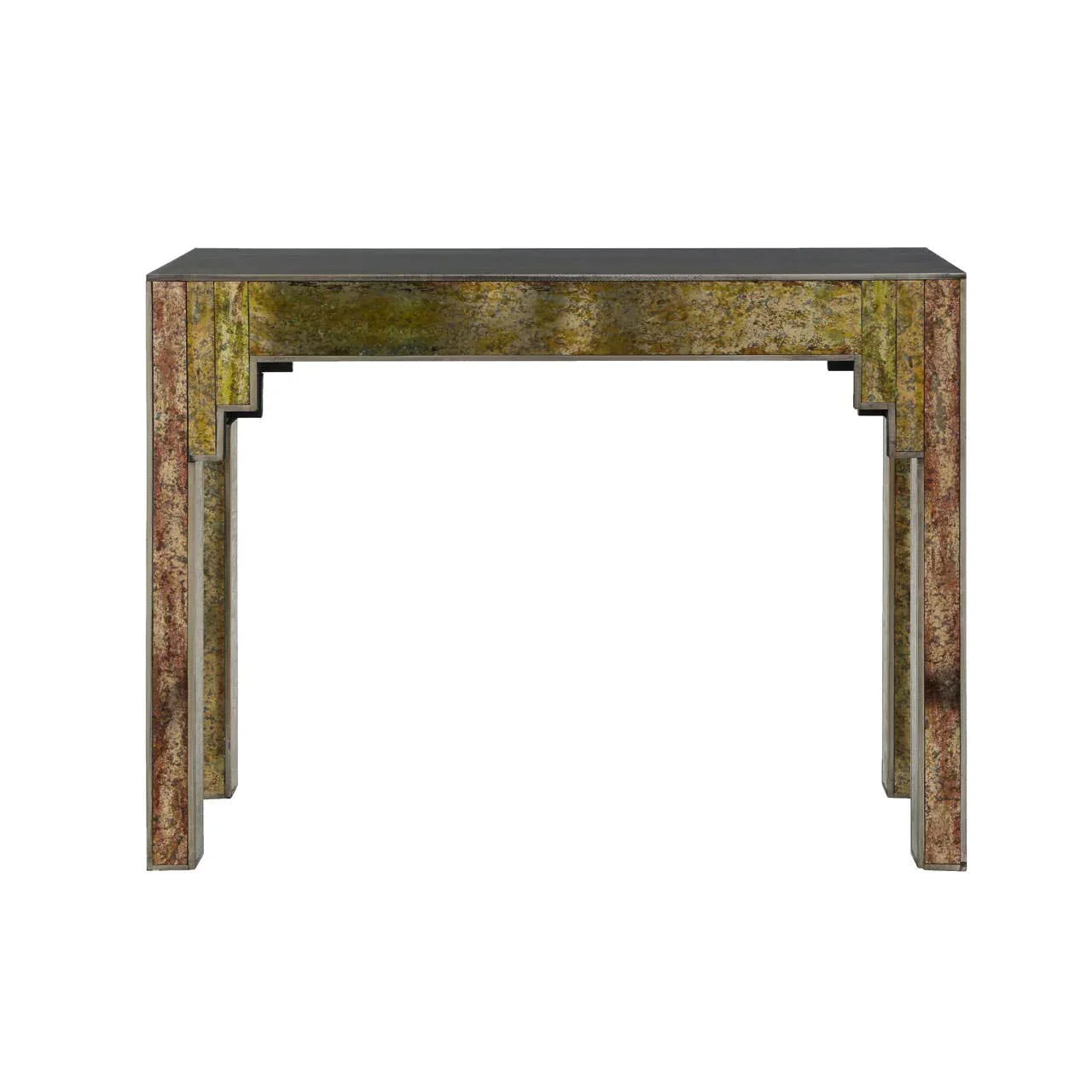 Antique finish console table with mirrored panels and geometric pattern, front view