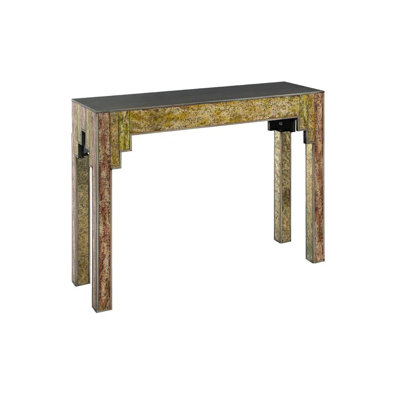 Mirrored console table with gold distressed finish and black top, shown on white background