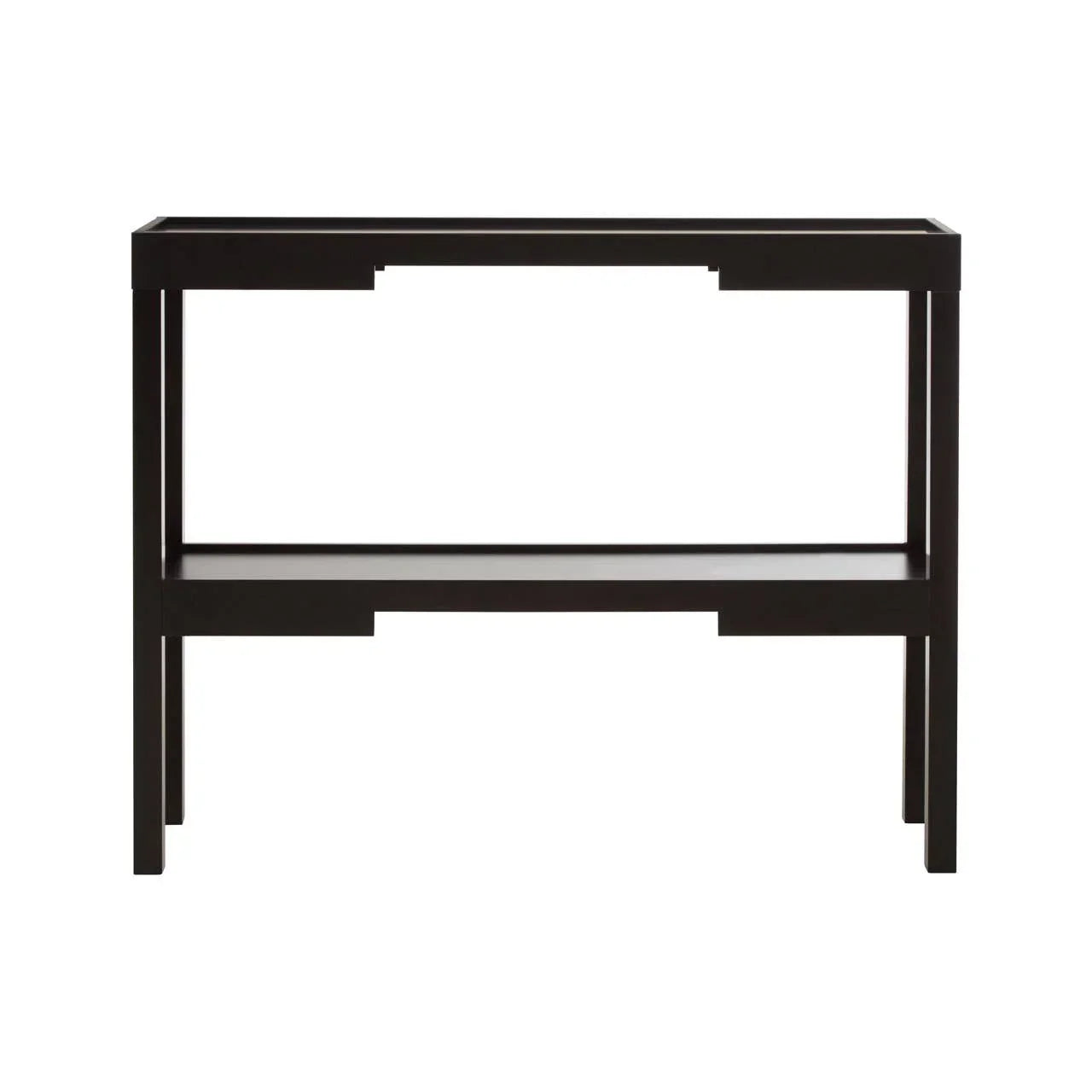 Black wooden console table with lower shelf and clean modern lines