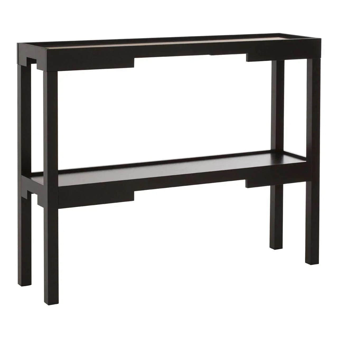 Black wooden console table with lower shelf and rectangular frame