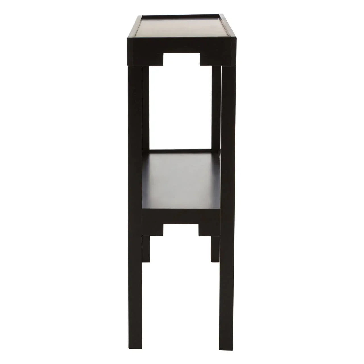 Slim black console table with lower shelf, side view