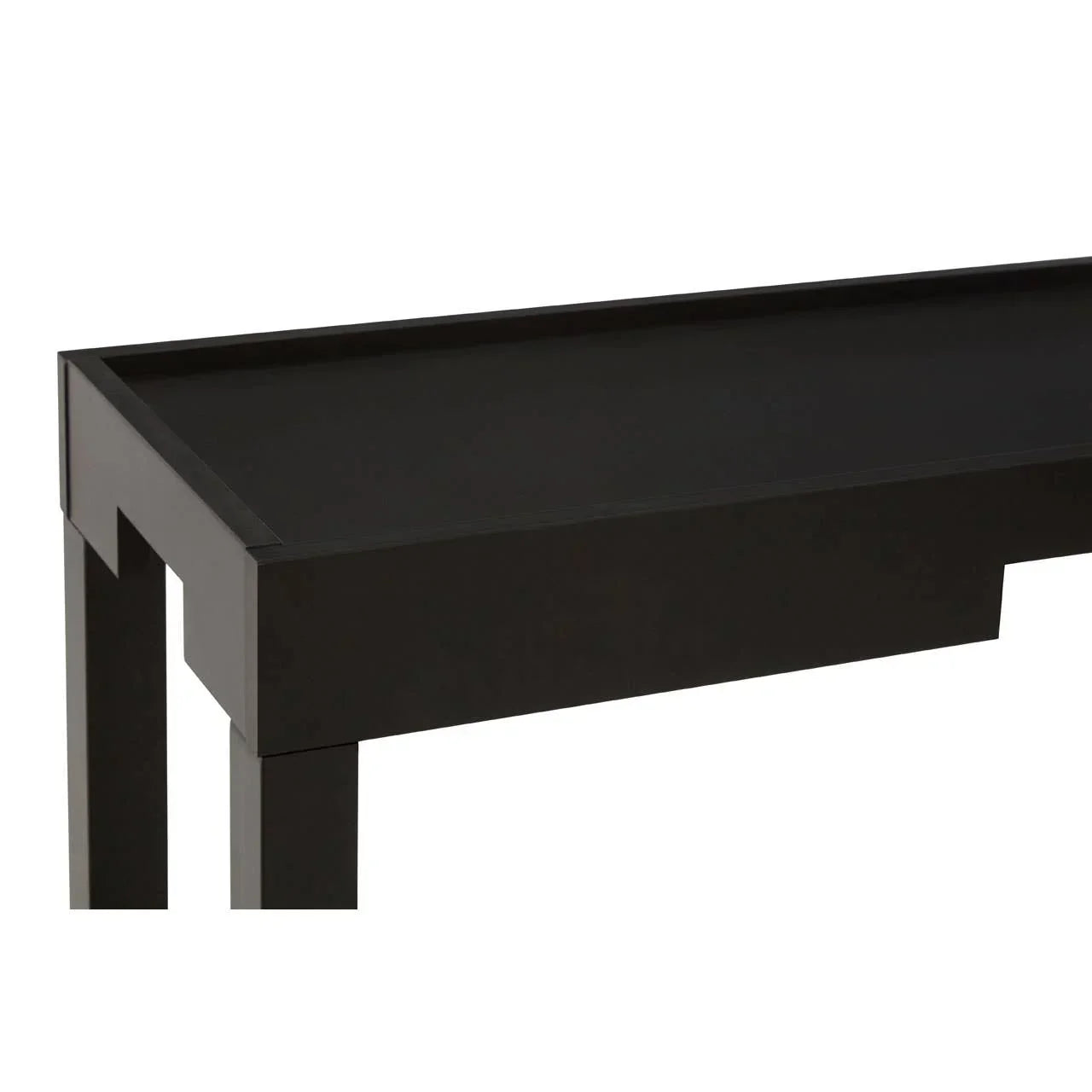 Black wooden console table with clean lines and raised edge detail, angled side view