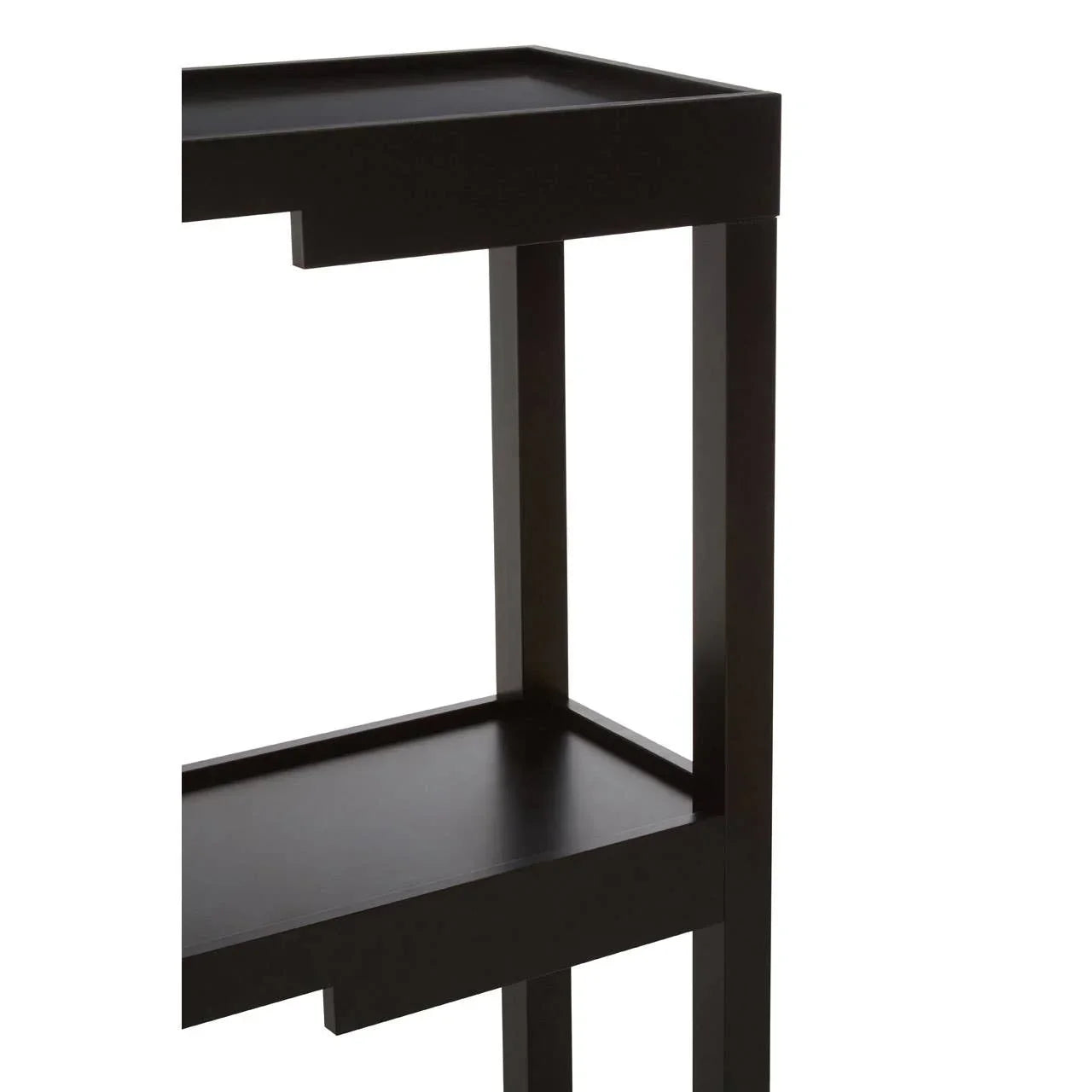 Black wooden side table with raised edge shelf, close-up of leg and shelf design