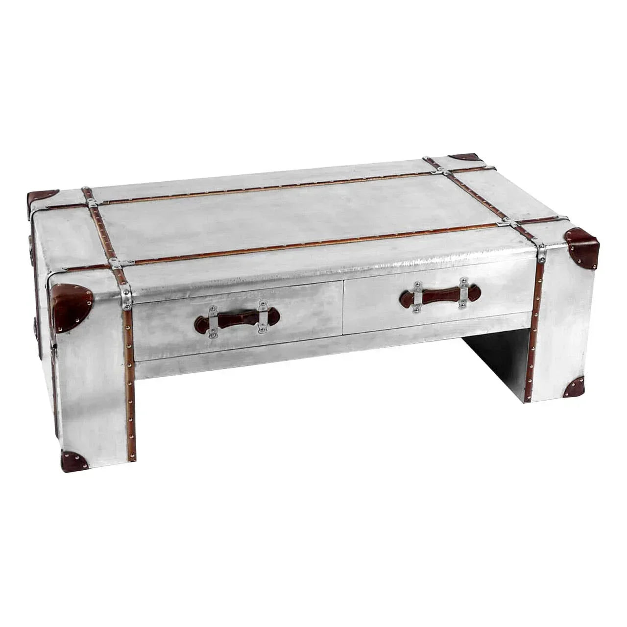 Metal trunk coffee table with leather corner accents and two front drawers