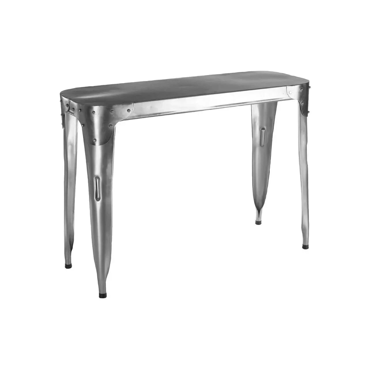 Industrial metal console table with rivet detailing and curved legs, silver finish