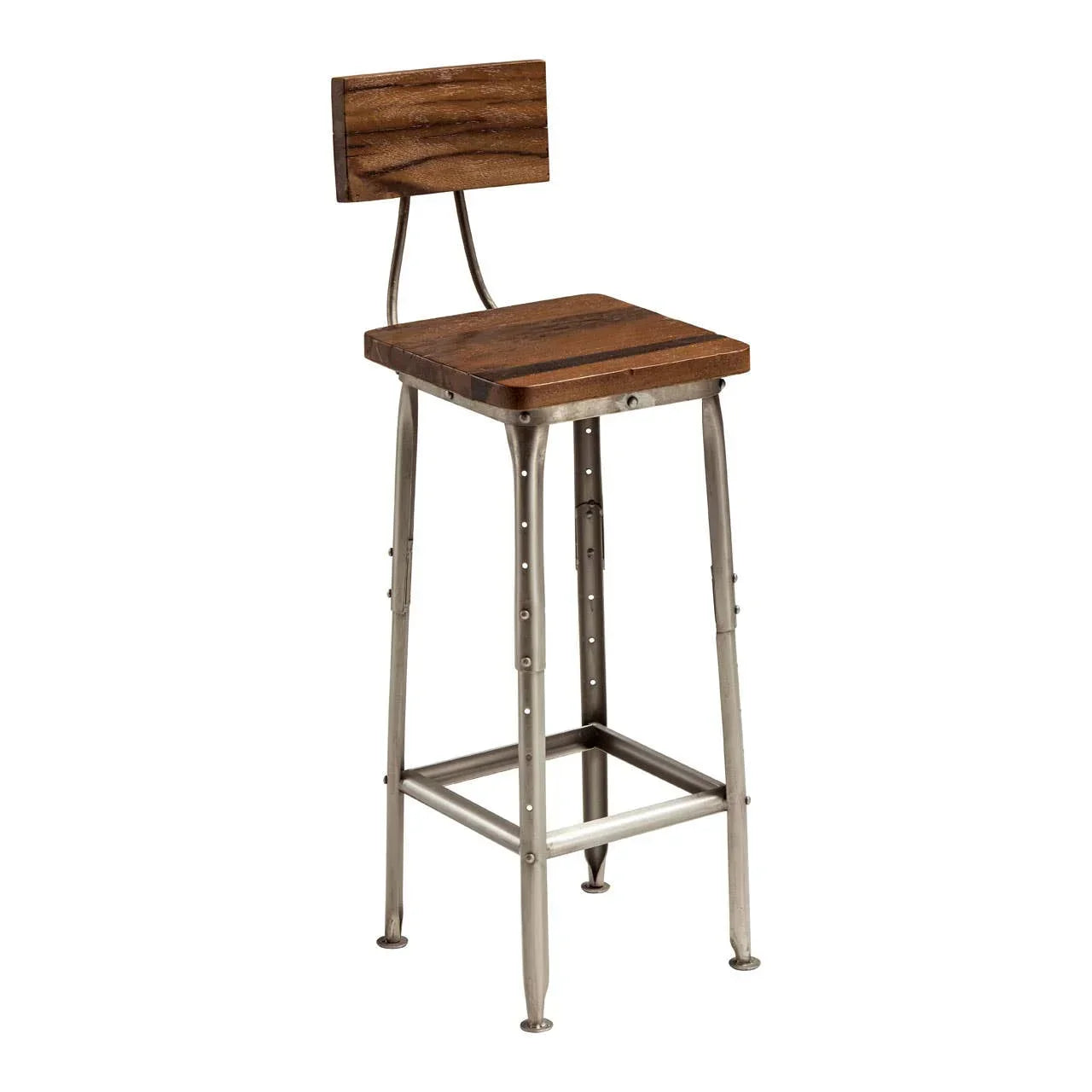 Industrial bar stool with wooden seat and metal legs, front angle view