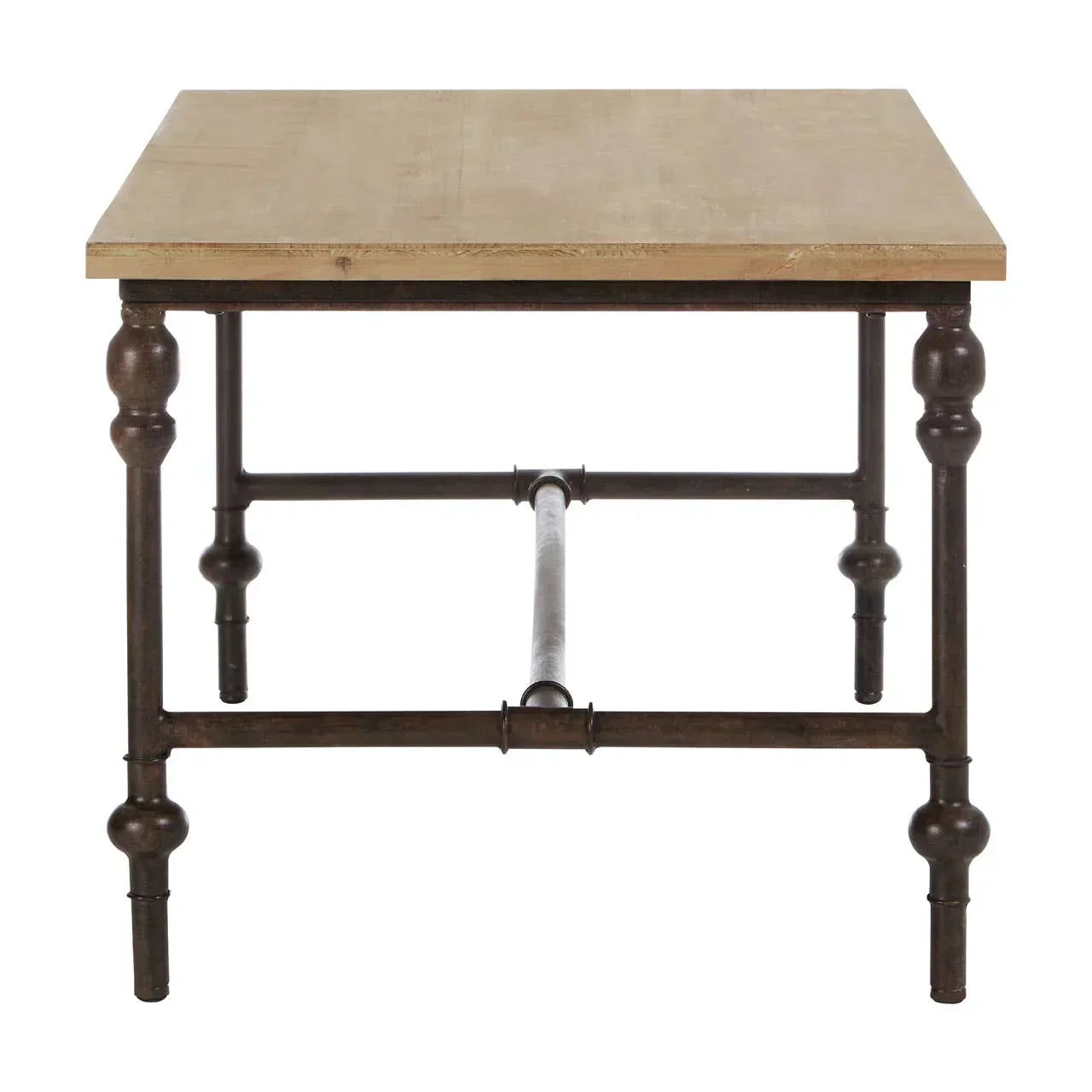 Industrial dining table with light wood top and dark metal legs, front angle view